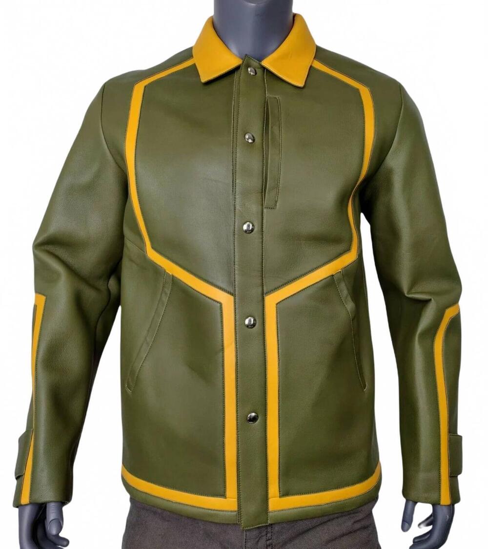 NEW MCM WORLDWIDE men's winter leather stripes bomber jacket in moss green